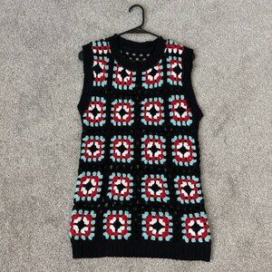 Vintage Style Crochet Square Sweater Vest Black Red Turquoise Boho Handmade